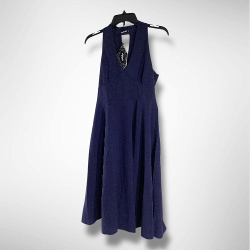 NWT Atnlewhi V Neck Sleeveless Midi A Line Cocktail Elegant Dress, Navy Blue, S